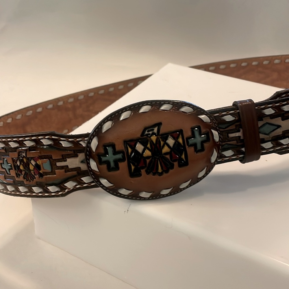 Vintage Tony Lama Rare Men's Western Belt Intricate Tooled Pattern Buckle - Picture 12 of 16